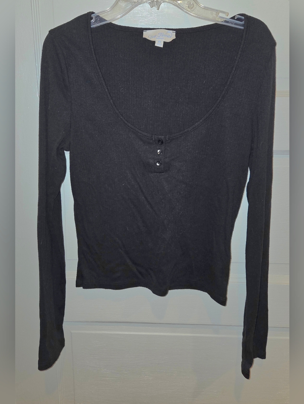 Black Scoop-Neck Long Sleeve Henley Top, YourFavorite By Pacsun